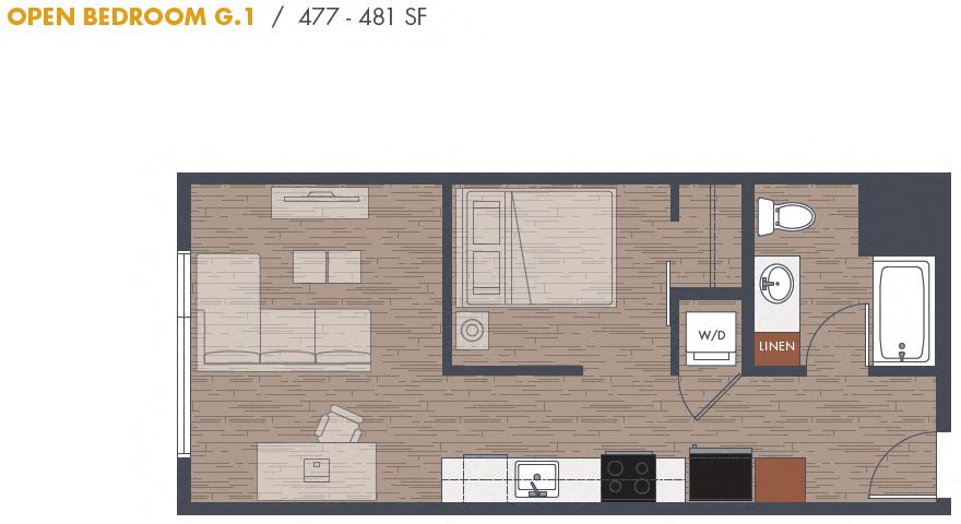 Floor plan for 1 bed, 1 bath, 477 sqft